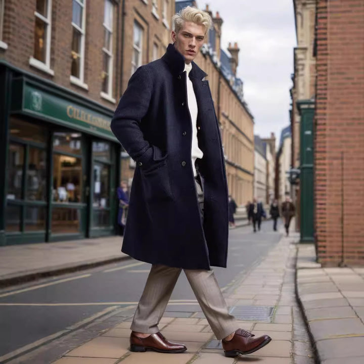 Herren eleganter Trenchcoat mit Schalkragen und Gürtel Aliams