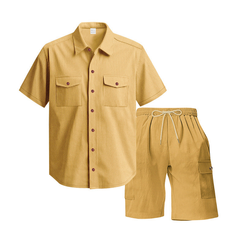 Herren modisches Kurzarm-Hemden- und Cargo-Shorts-Set mit praktischen Taschen und elastischem Bund Aliams