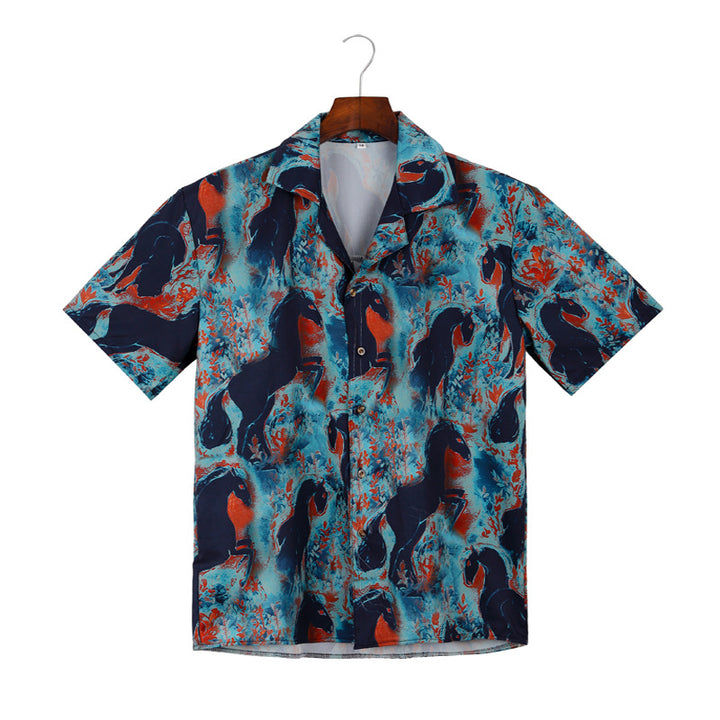 Herren Kurzarmhemd mit aufregendem Pferdemuster und luftiger Baumwollqualität Aliams