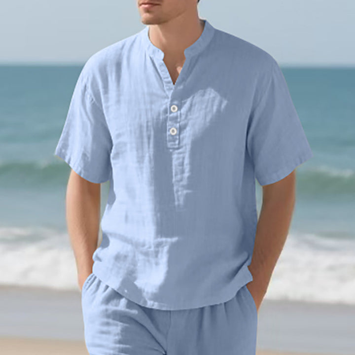 Herren Kurzarm-Henley-Shirt aus leichtem Leinenstoff mit praktischer Knopfleiste Aliams
