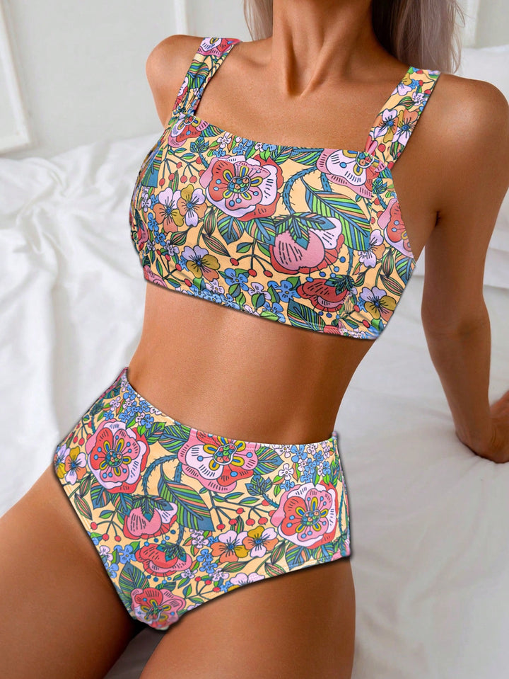 Damen Hochgeschnittener Bikini mit Blumenmuster und Breiten Trägern Aliams