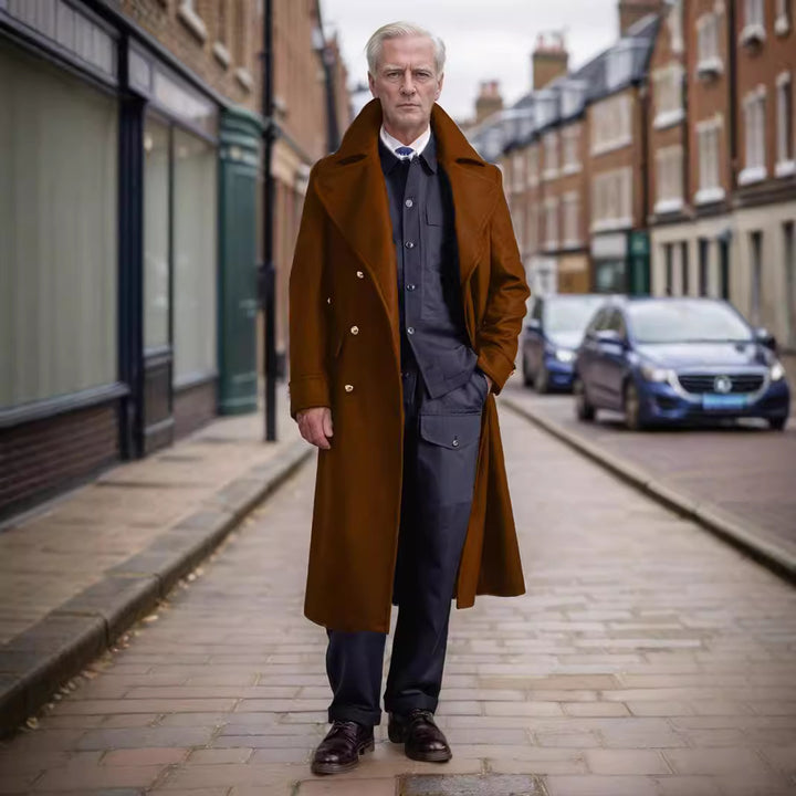 Herren eleganter Langmantel mit doppeltem Knopfverschluss und großem Revers Aliams