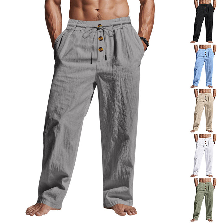 Herren Bequeme Leinenhose mit elastischem Bund und Knopfdetails Aliams