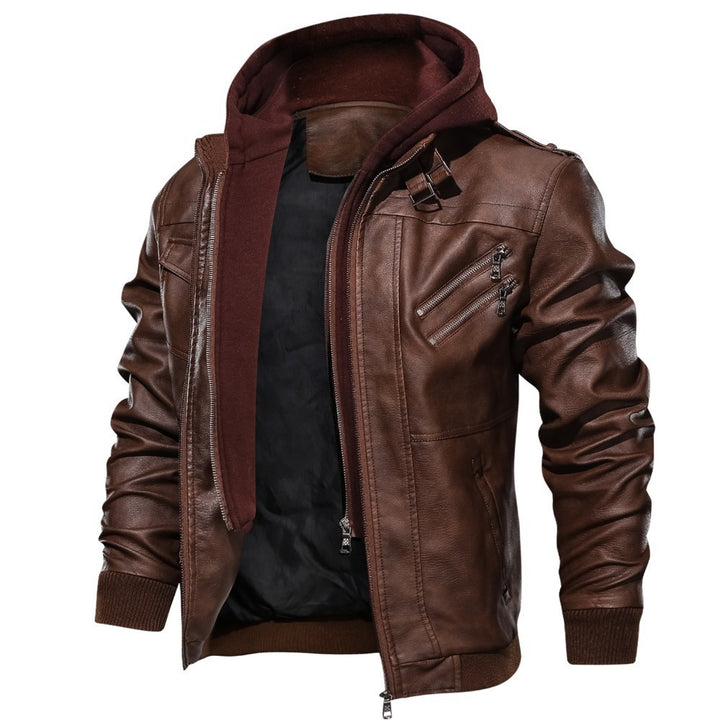 Herren Kunstlederjacke mit abnehmbarer Kapuze und稳́. Jack-details Aliams