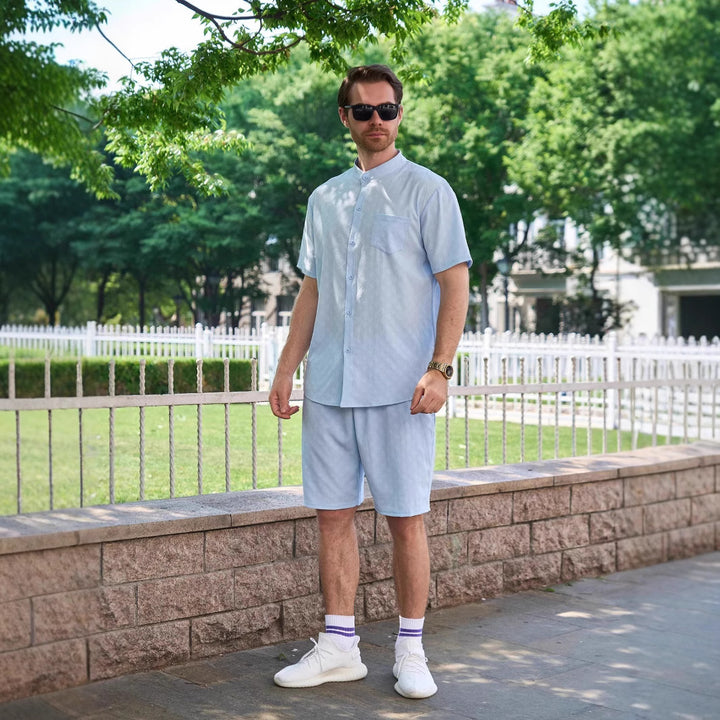 Herren Kurzarm-Hemd und Shorts Set mit modernem Stehkragen und atmungsaktiver Struktur Aliams