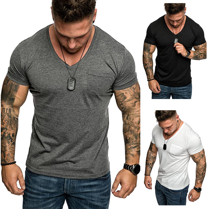 Herren V-Ausschnitt T-Shirt aus weicher Baumwolle mit Brusttasche Aliams