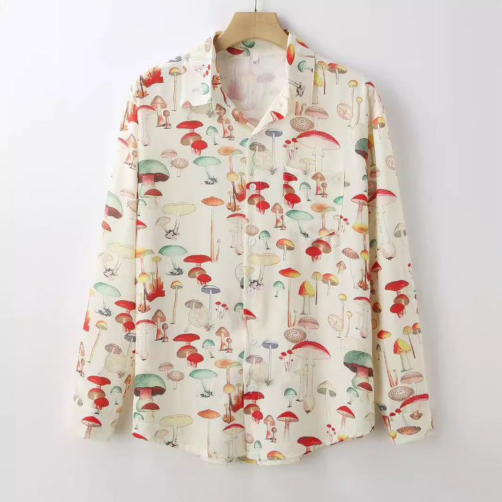 Damen Langarm Hemd mit kreativem Pilzmuster und hochwertigen Materialien Aliams