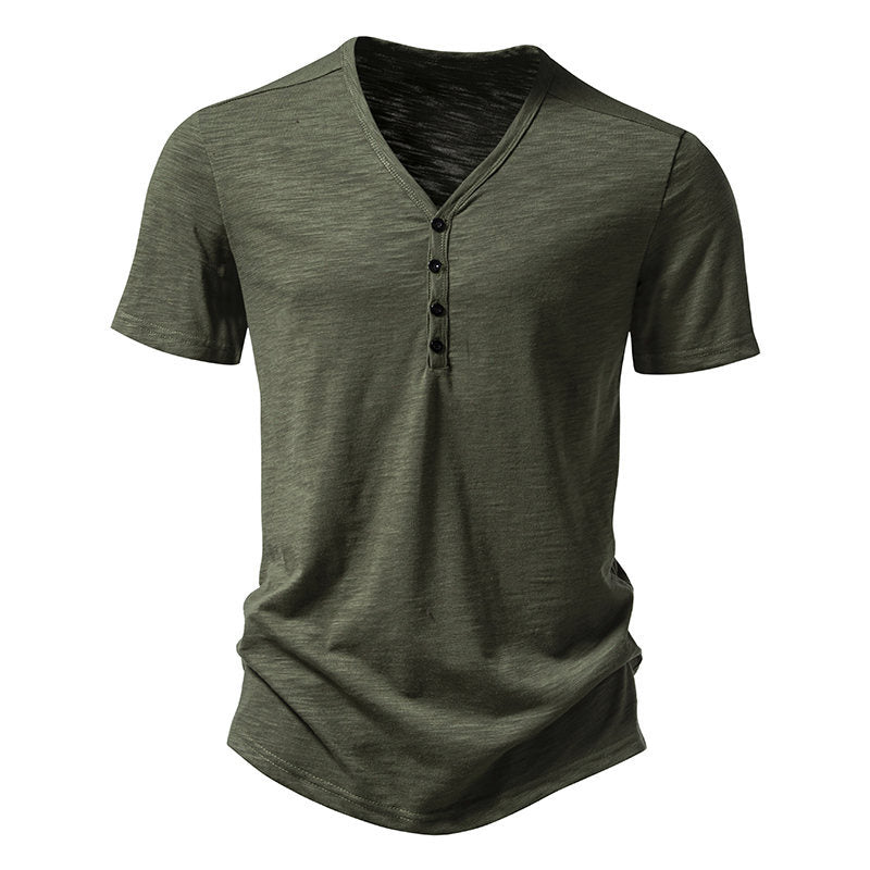 Herren Kurzarm-Henley-Shirt mit V-Ausschnitt und Knopfleiste Aliams