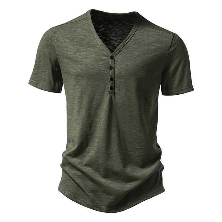 Herren Kurzarm-Henley-Shirt mit V-Ausschnitt und Knopfleiste Aliams