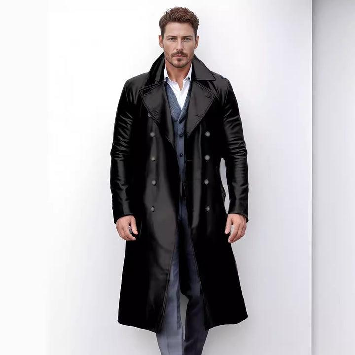 Herren Eleganter Leder-Trenchcoat mit doppelter Knopfreihe und modernem Schnitt Aliams