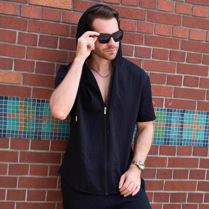 Herren Atmungsaktives Hoodie-Shirt mit kurzem Arm und durchgehendem Reißverschluss Aliams