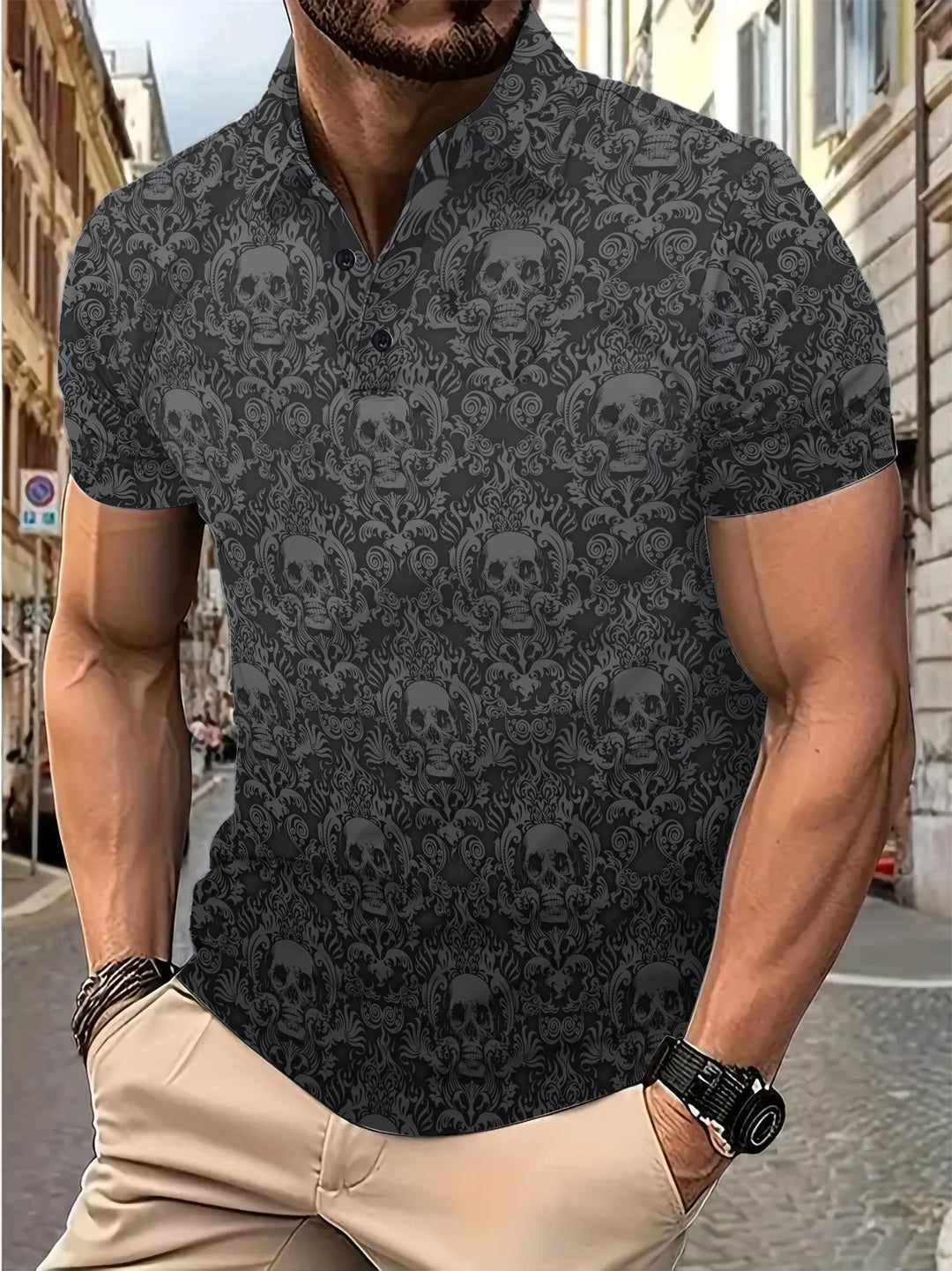 Herren Kurzarm Poloshirt mit einzigartigem Totenkopf-Design und atmungsaktivem Material Aliams