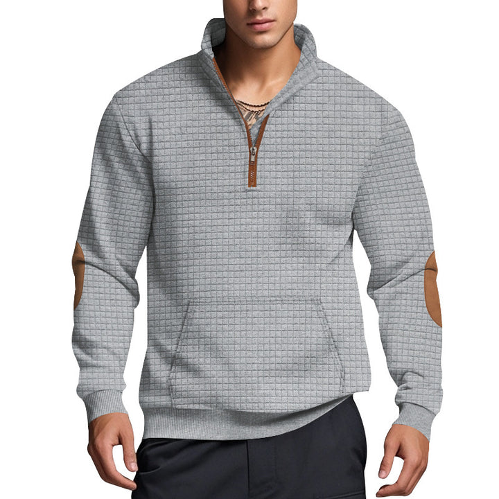 Herren sportlicher Fleece-Pullover mit halbem Reißverschluss und eleganten Ellbogen-Patches Aliams