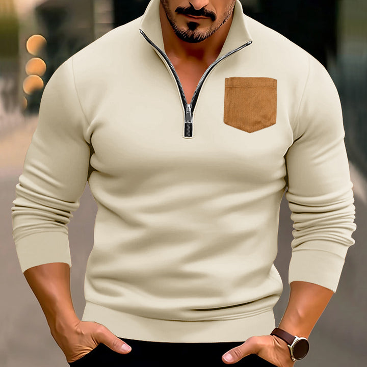 Herren sportlicher Pullover mit halbem Reißverschluss und kontrastierender Brusttasche Aliams