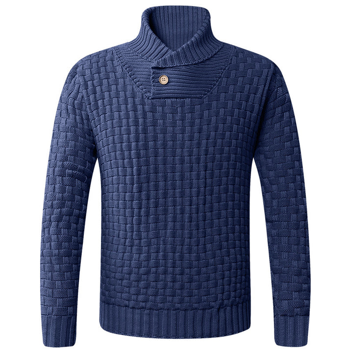 Herren strukturiertes Strickpullover mit Stehkragen und dekorativen Knöpfen Aliams
