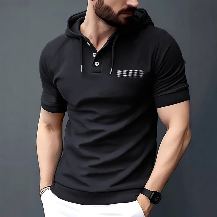 Stylisches Herren Polo mit kurzem Arm und Kapuze mit Kontrasttasche Aliams