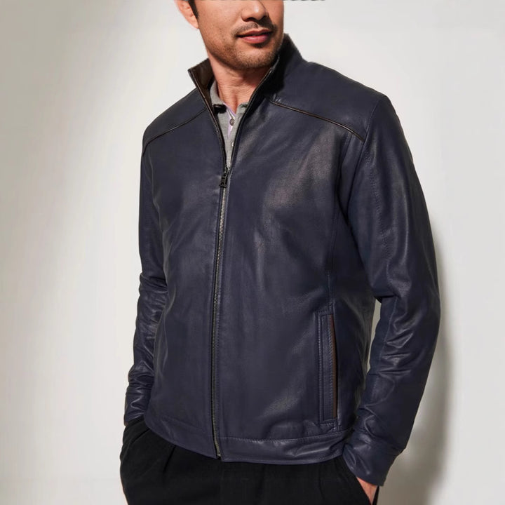 Herren stylische Lederjacke mit modernem Stehkragen und dezenten Kontrastnähten Aliams