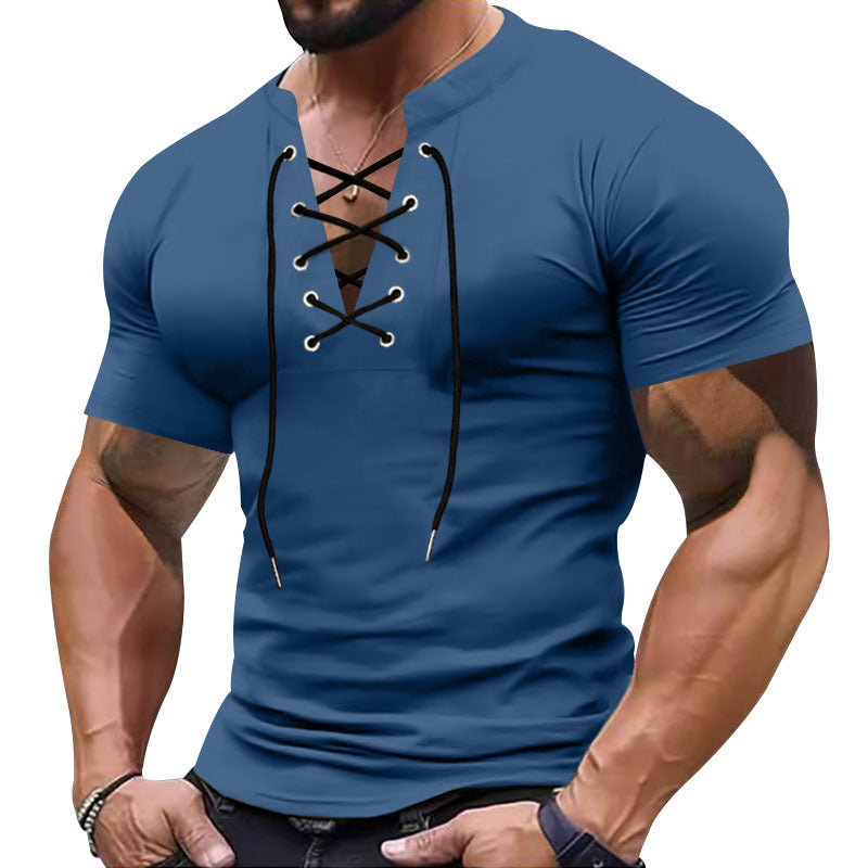 Herren Kurzarm-Henley-Shirt mit modischem Schnürdesign und körperbetonter Passform Aliams