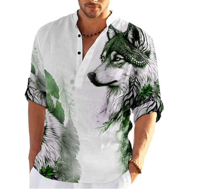 Herren Kurzarm-Hemd mit einzigartigem Wolfsmotiv Aliams