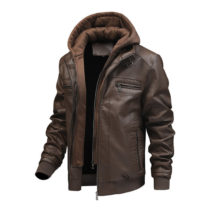 Herren Lederjacke mit abnehmbarem Kapuzen-Innenfutter Aliams