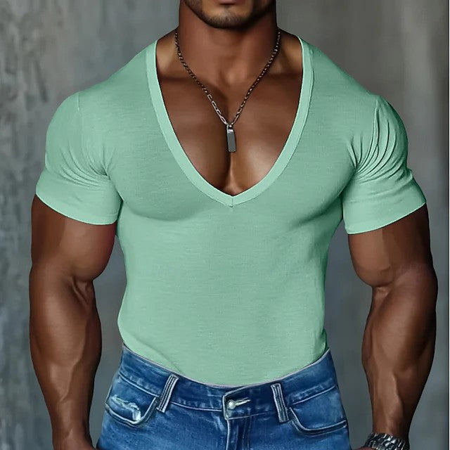 Herren Figurbetontes V-Ausschnitt T-Shirt aus leichtem Baumwollmix Aliams