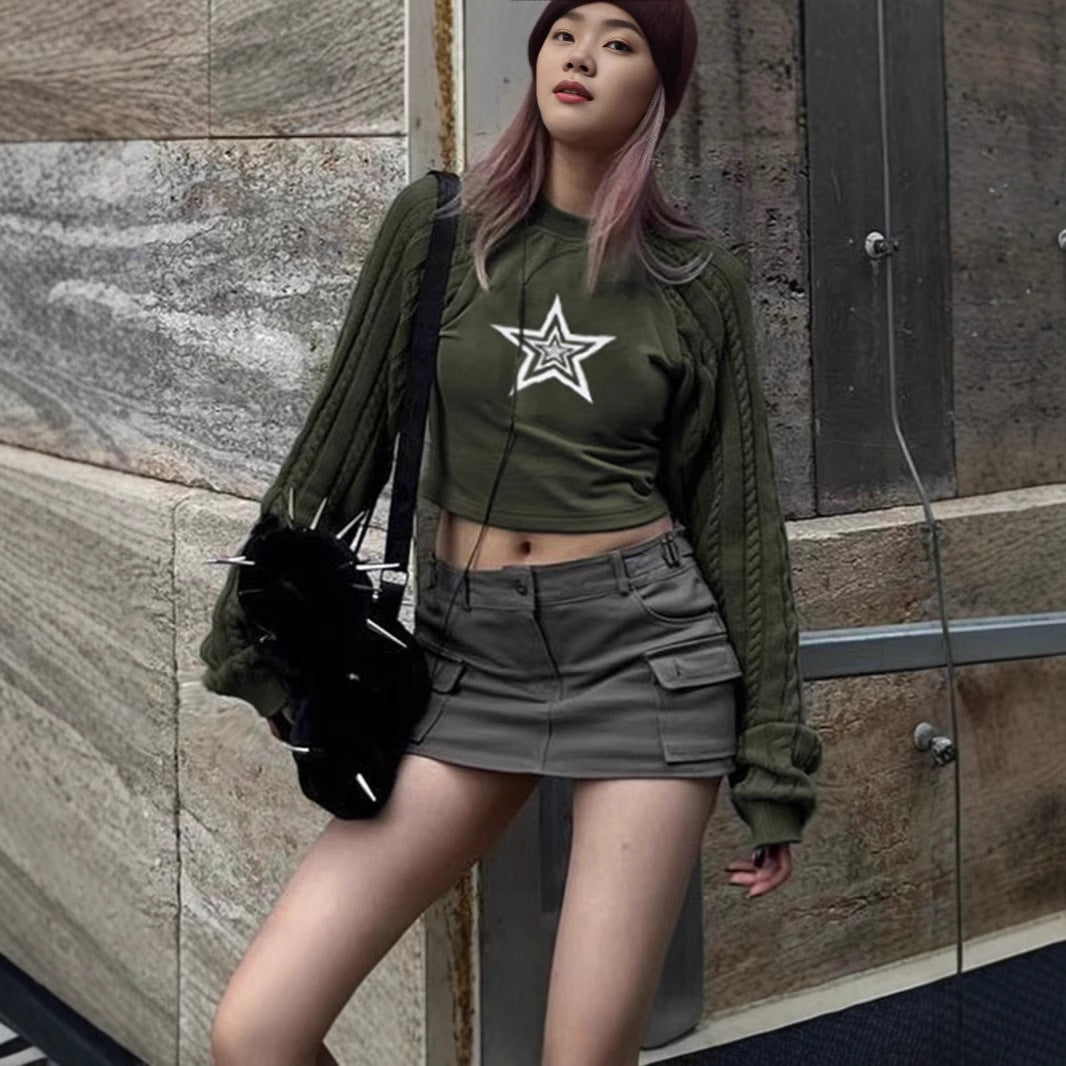 Damen Cropped Pullover mit grafischem Sternenmotiv und strukturiertem Armdesign Aliams