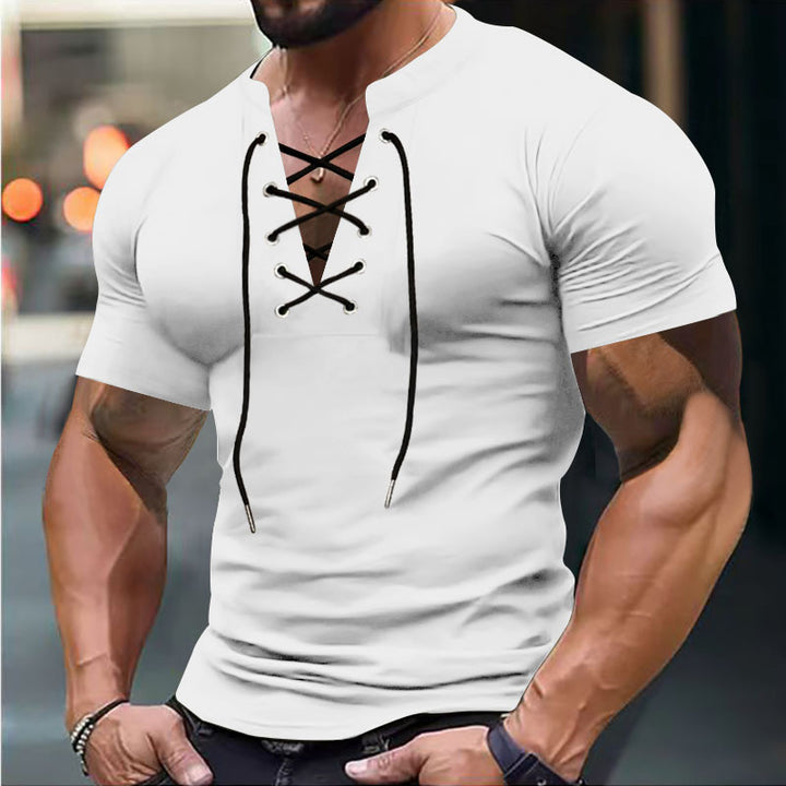 Herren Kurzarm-Henley-Shirt mit modischem Schnürdesign und körperbetonter Passform Aliams
