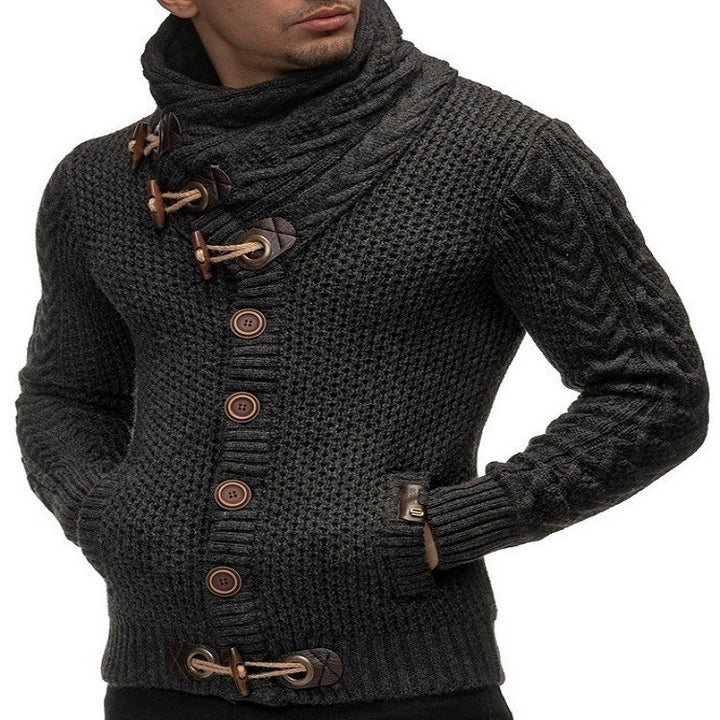 Herren Grobstrickpullover mit asymmetrischem Kragen und dekorativen Knöpfen Aliams