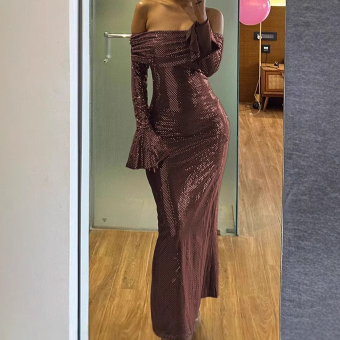 Damen Elegantes Abendkleid mit schulterfreiem Design und ausgestellten Ärmeln Aliams