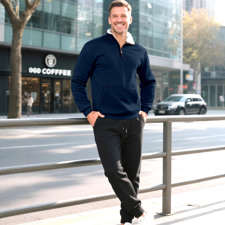 Herren sportlicher Sweatpullover mit innovativem Kragen und praktischer Kängurutasche Aliams