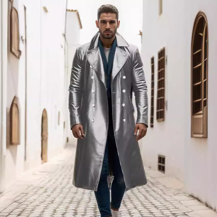 Herren Eleganter Leder-Trenchcoat mit doppelter Knopfreihe und modernem Schnitt Aliams