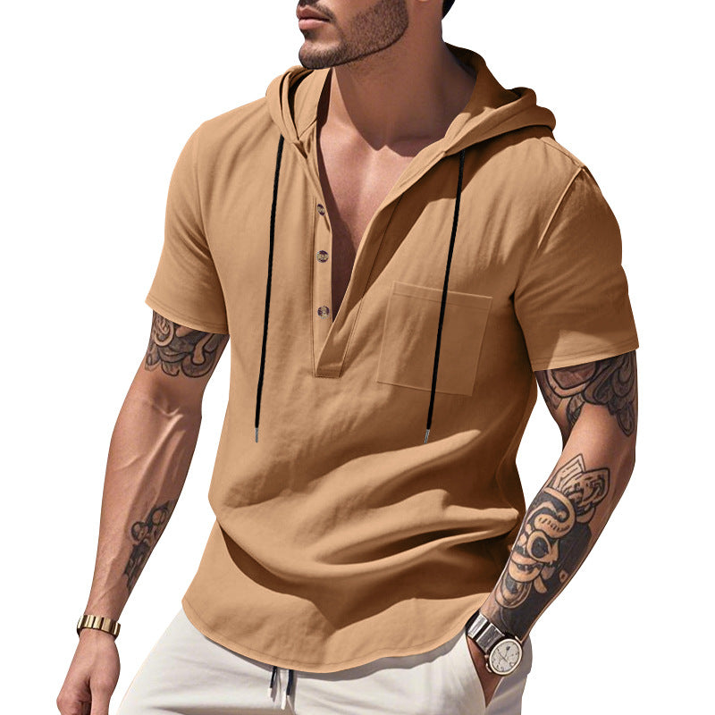 Herren Kurzarm-Henley-Shirt mit praktischer Kapuze und modischen Akzenten Aliams