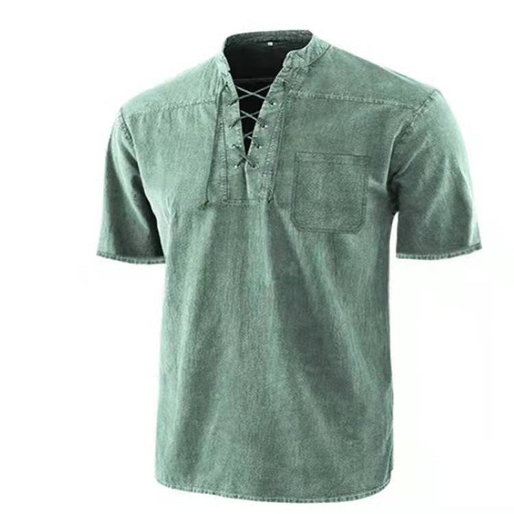 Herren Kurzarm Hemd mit modernem Schnürdesign und Brusttasche Aliams