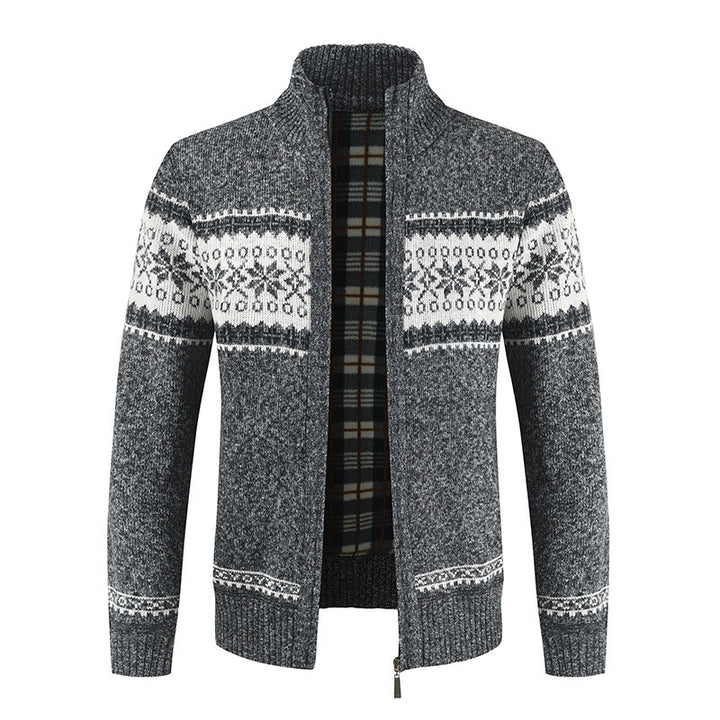 Herren Strickjacke mit modernem Norweger-Muster und hohem Kragen Aliams