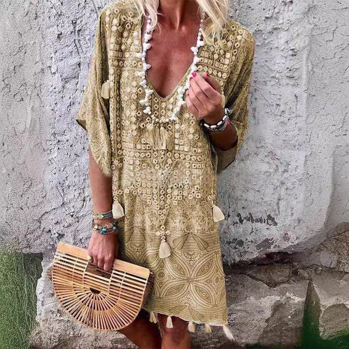 Damen Boho-Chic Kaftan mit V-Ausschnitt und Tassel-Details Aliams