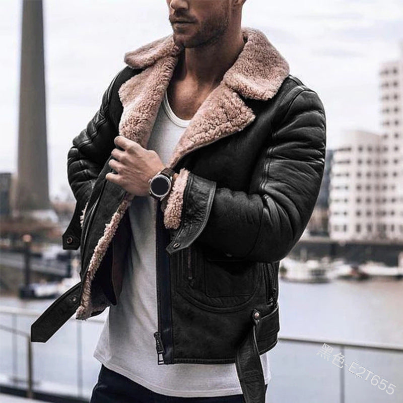 Herren Lederjacke mit kragenförmigem Teddyfutter Aliams