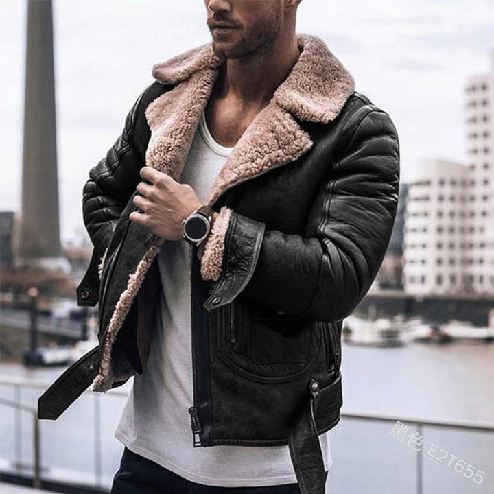 Herren Lederjacke mit kragenförmigem Teddyfutter Aliams