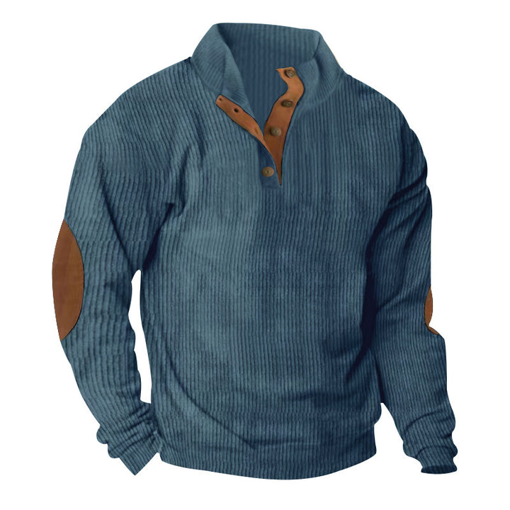 Herren hochwertiger Pullover mit Knopfleiste und modischen Lederapplikationen Aliams