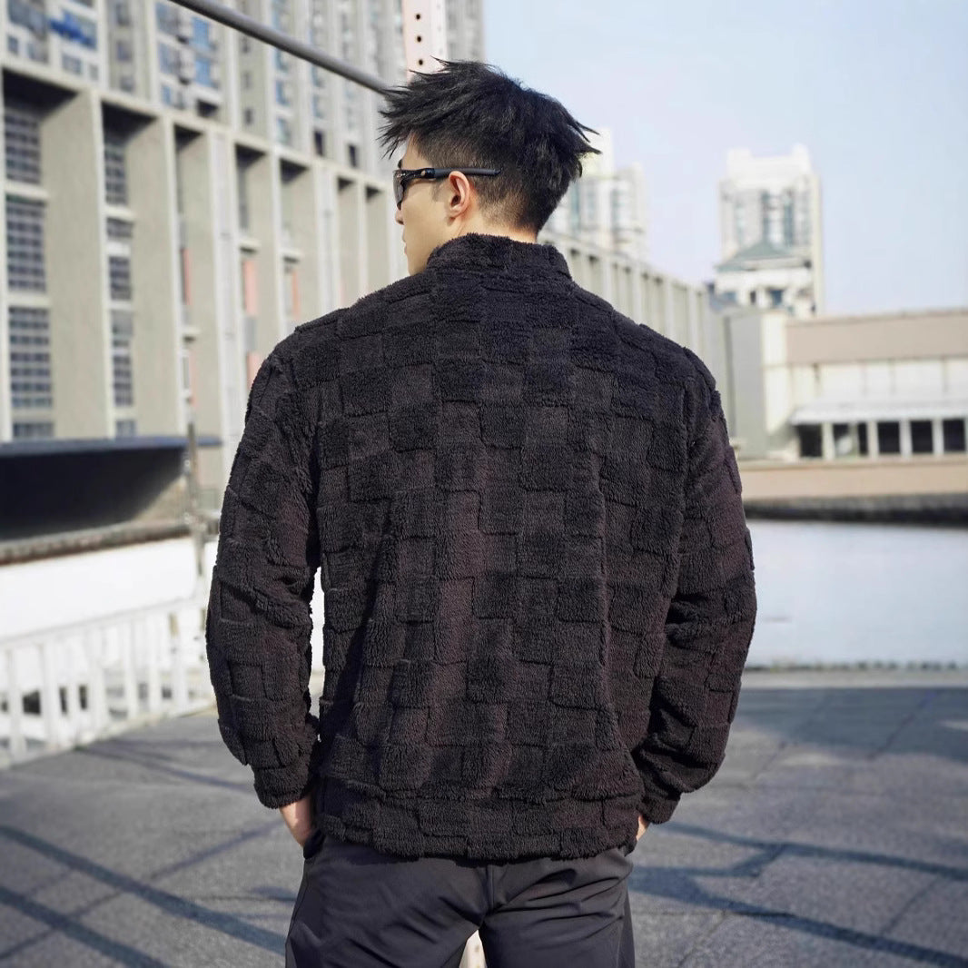 Herren Fleece-Pullover mit strukturierter Oberflächenstruktur und stehender Kragen Aliams