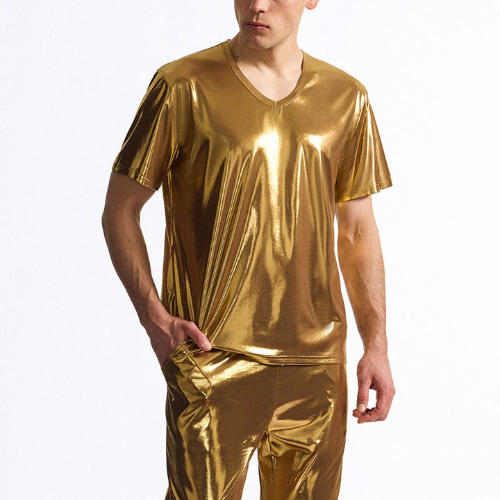 Herren glänzendes V-Ausschnitt T-Shirt im metallischen Look Aliams