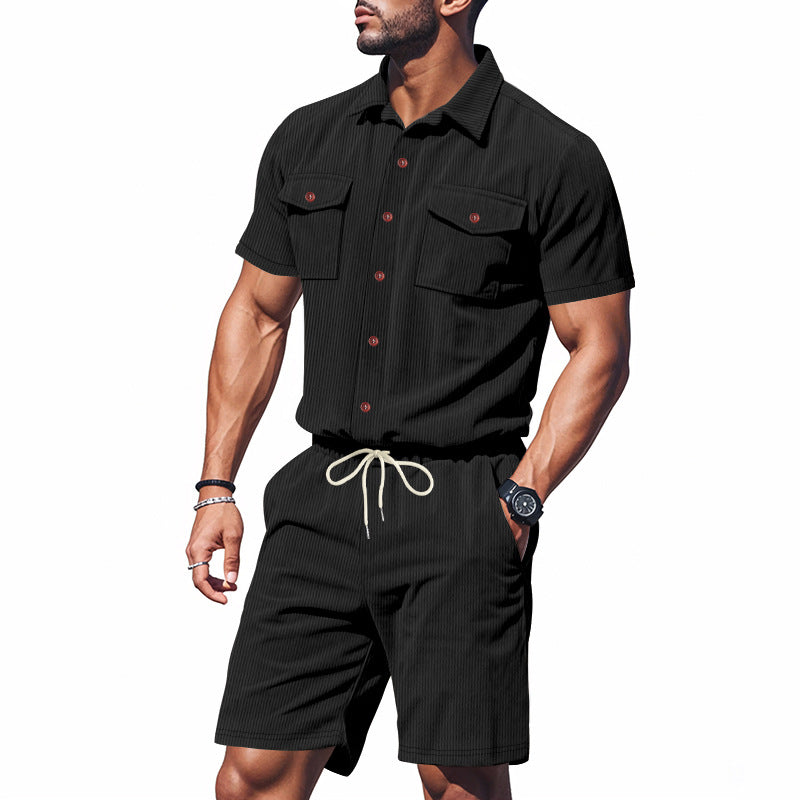 Herren Kurzarm-Hemd und Shorts Set mit praktischen Brusttaschen und elastischem Bund Aliams