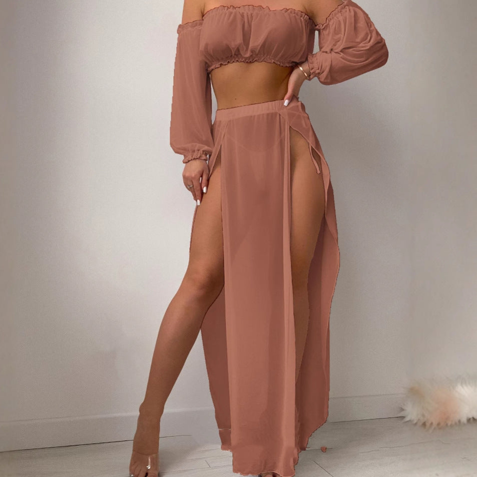 Damen Elegantes Strandkleid mit schulterfreiem Design und tiefen Seitenschlitzen Aliams