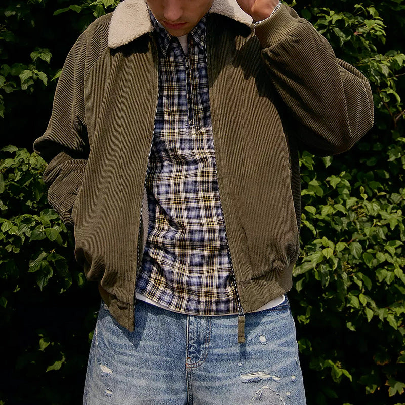 Herren stylische Cordjacke mit abnehmbarem Sherpa-Kragen Aliams