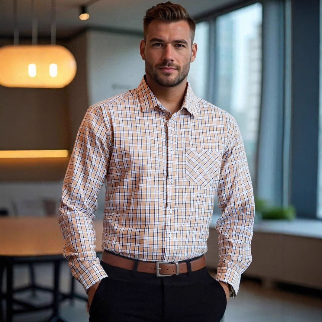 Herren kariertes Langarmhemd mit hochwertiger Baumwollmischung und praktischer Brusttasche Aliams