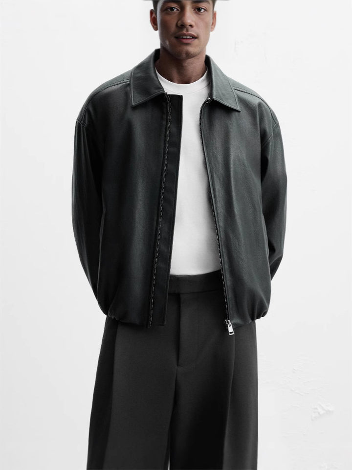 Herren elegante Kunstlederjacke mit modischem Stehkragen und seitlichen Eingrifftaschen Hedi-Mode