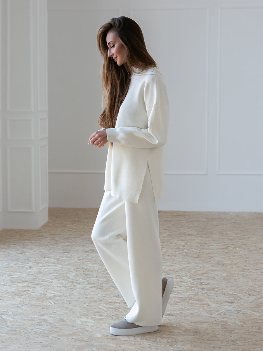 Damen weicher Strickanzug mit hohem Kragen und geradem Schnitt Aliams