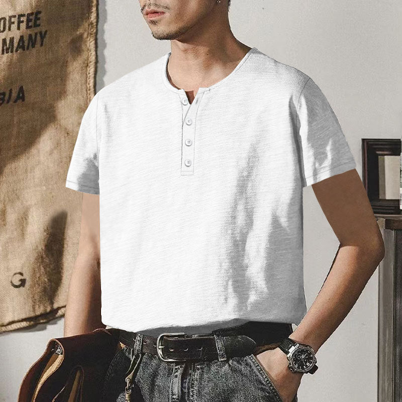 Herren hochwertiges Kurzarm-Henley-T-Shirt mit modischen Knöpfen und bequemer Passform Aliams