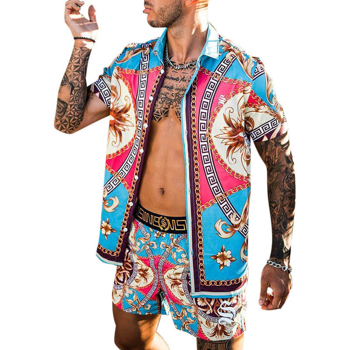 Männer Lebhaftes Tropenprint Kurzarmhemd und Passende Badehose Set Aliams