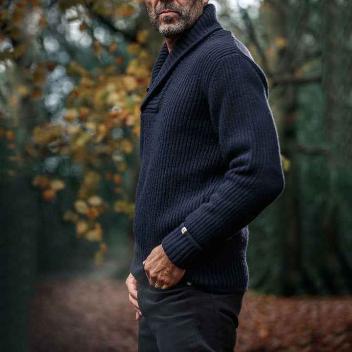 Herren Grob gestrickte Zip-Jacke mit seitlichen Eingrifftaschen und Stehkragen Aliams