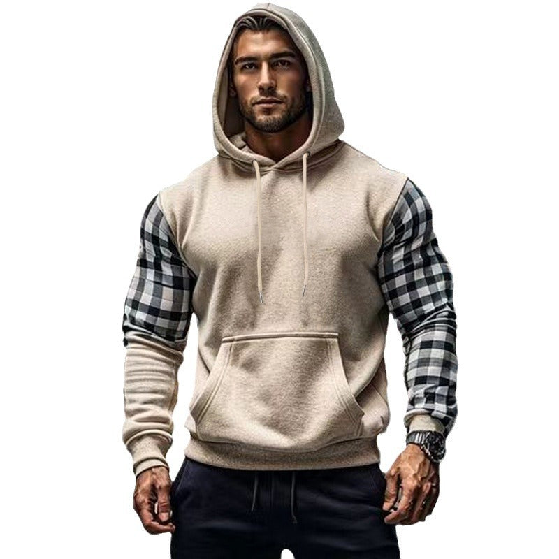 Herren Hoodie mit karierten Ärmeln und Kängurutasche Aliams